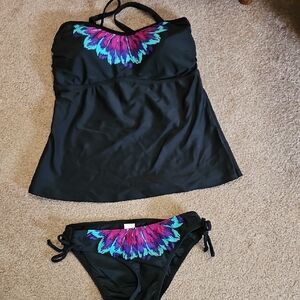 VENUS Black Swimwear with Vibrant Feather Pattern